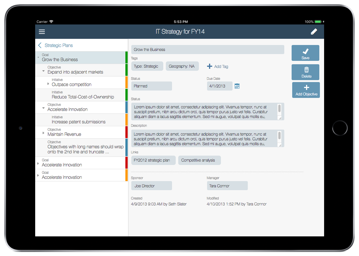 Edit mode for a strategic plan. The text fields are large and a contrasting color to differentiate them from read-only mode. The action buttons are large and positioned to be easily tappable by the thumbs when holding the ipad with two hands.