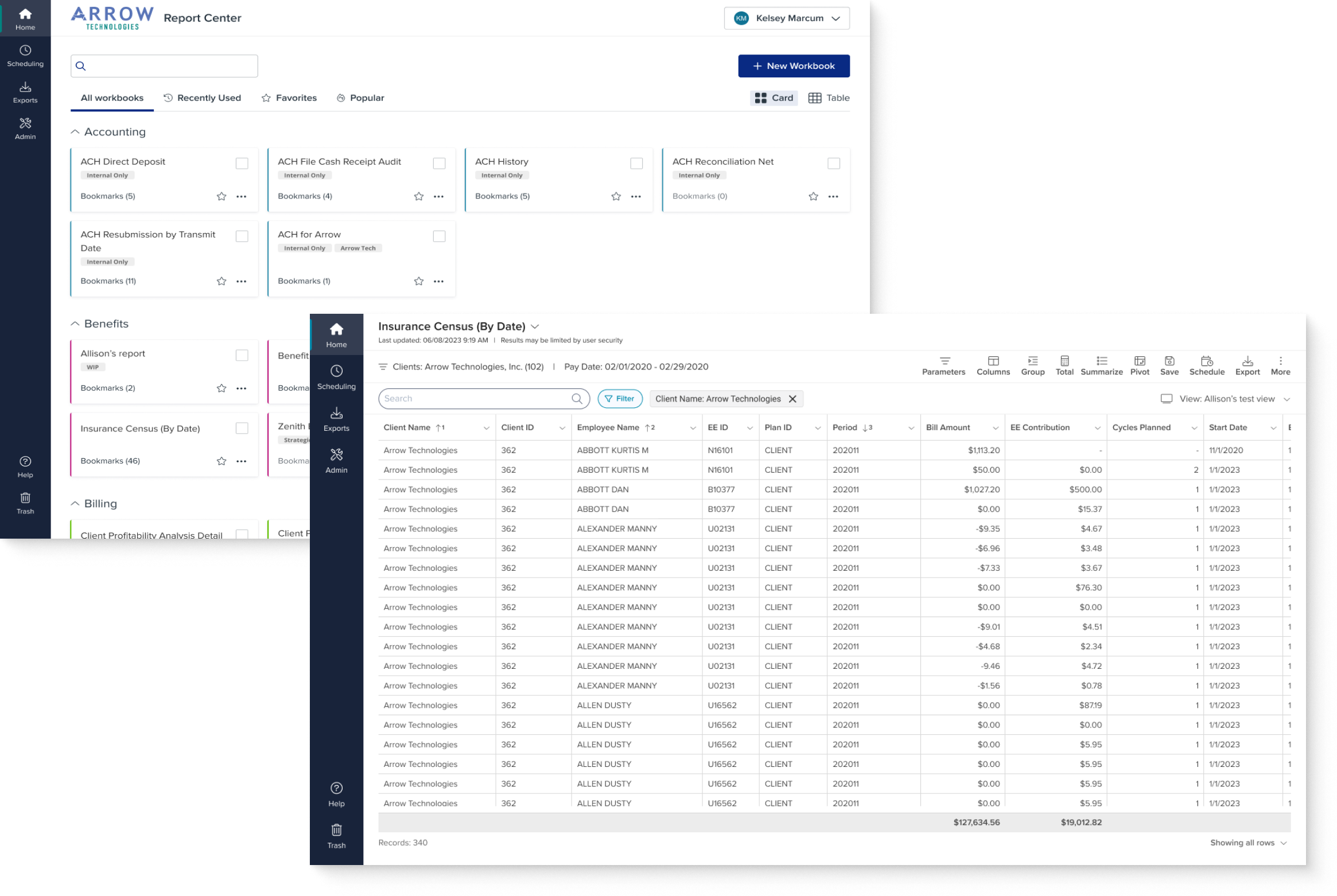 Image showing two screens from Report Center: the home page and the report output